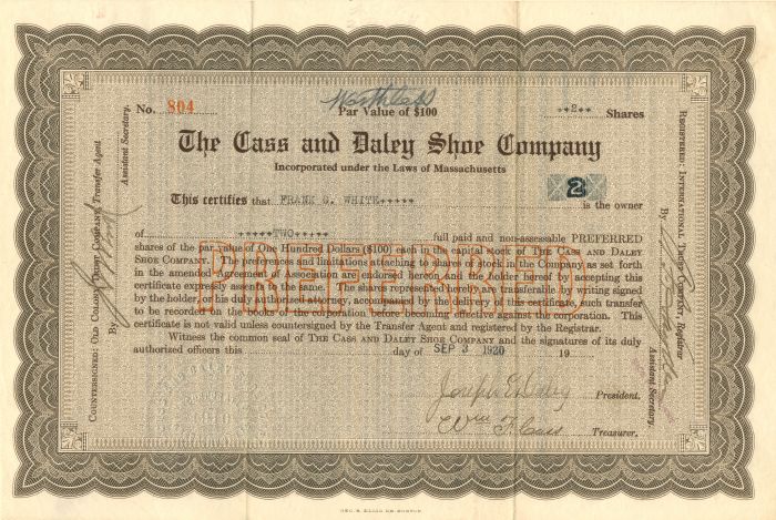 Cass and Daley Shoe Co. - Stock Certificate