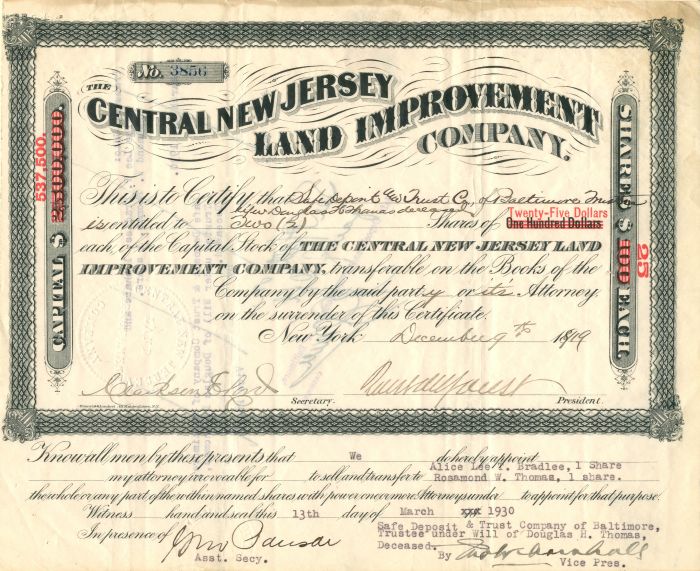 Central New Jersey Land Improvement Co. - Stock Certificate