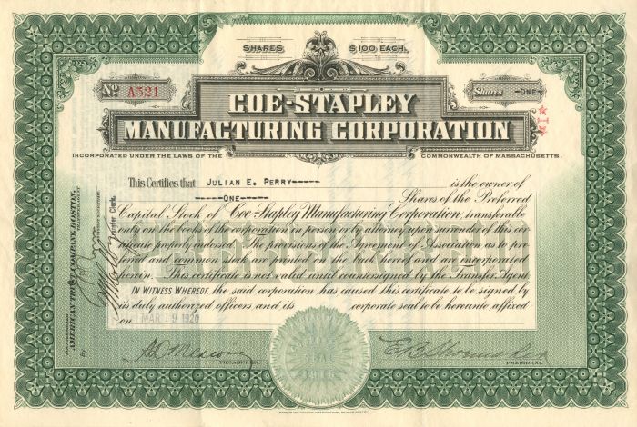 Coe-Stapley Manufacturing Corporation - Stock Certificate