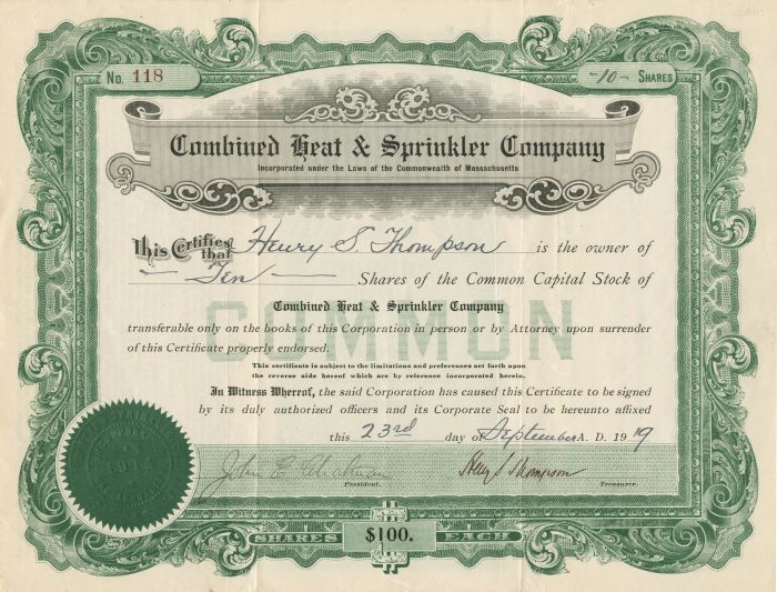 Combined Heat and Sprinkler Co. - Stock Certificate