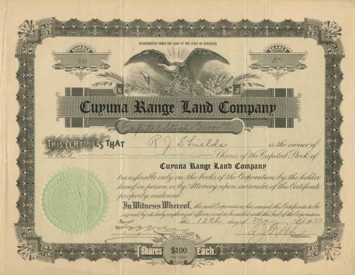 Cuyuna Range Land Co. - Stock Certificate