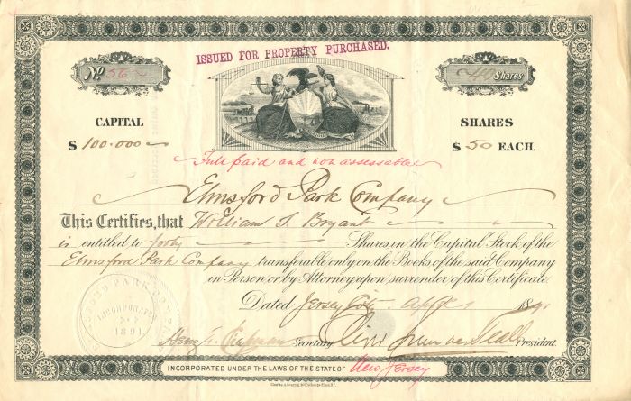 Elmsford Park Co. - 1891 dated Stock Certificate - Elmsford, New York & Jersey City, New Jersey