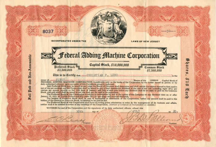 Federal Adding Machine Corporation - Stock Certificate