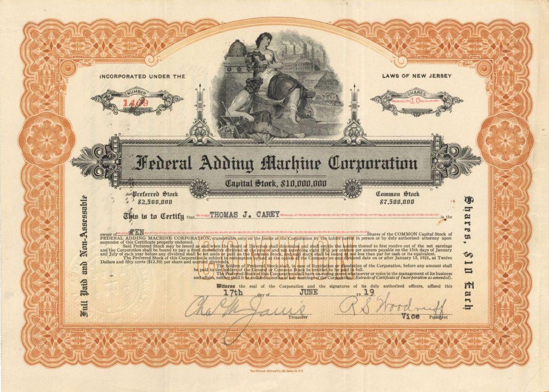 Federal Adding Machine Corp. - Stock Certificate