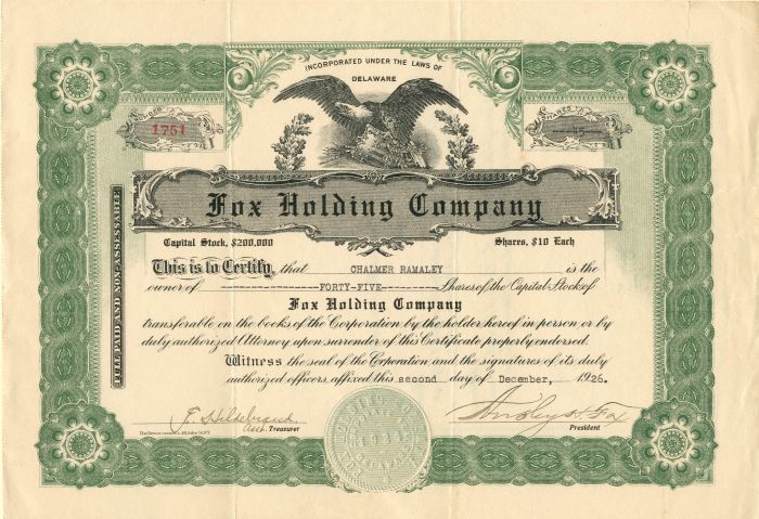 Fox Holding Co. - Stock Certificate