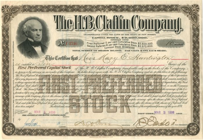 H.B. Claflin Co. - Mercantile Store Stock Certificate (Uncanceled)
