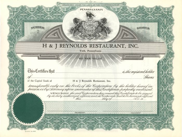 H and J Reynolds Restaurant, Inc. - Stock Certificate