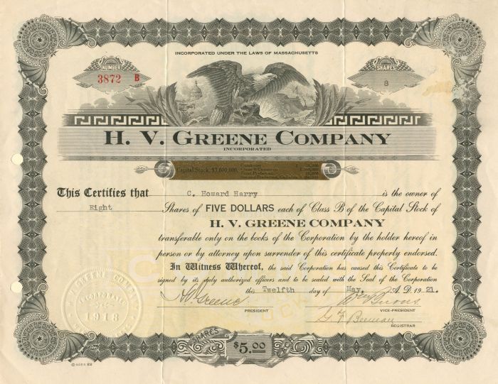 H.V. Greene Co. - Stock Certificate
