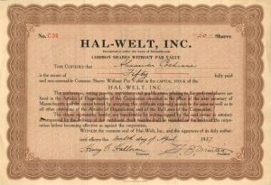 Hal-Welt, Inc. - Stock Certificate