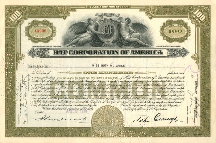 Hat Corporation of America - Stock Certificate