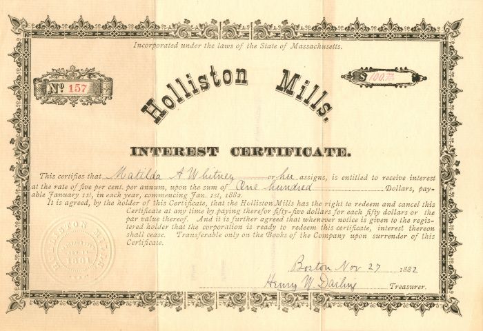 Holliston Mills - Stock Certificate