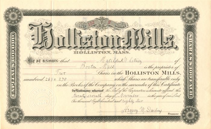 Holliston Mills - Stock Certificate