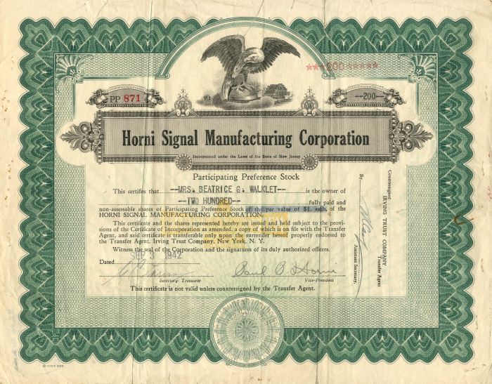 Horni Signal Manufacturing Corporation - Stock Certificate
