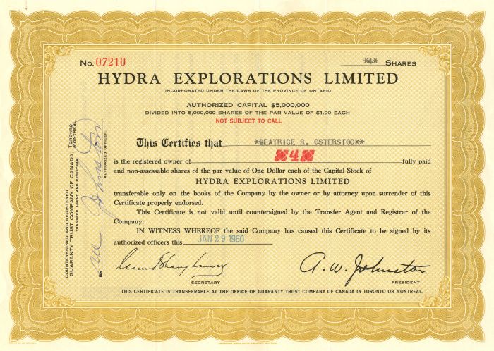 Hydra Explorations Limited - Canadian Oil Stock Certificate