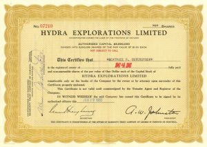 Hydra Explorations Limited - Canadian Oil Stock Certificate