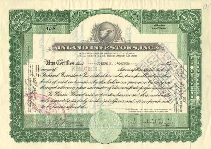 Inland Investors, Inc. - 1933 dated Investing Stock Certificate