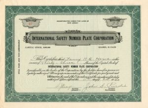 International Safety Number Plate Corporation - Stock Certificate