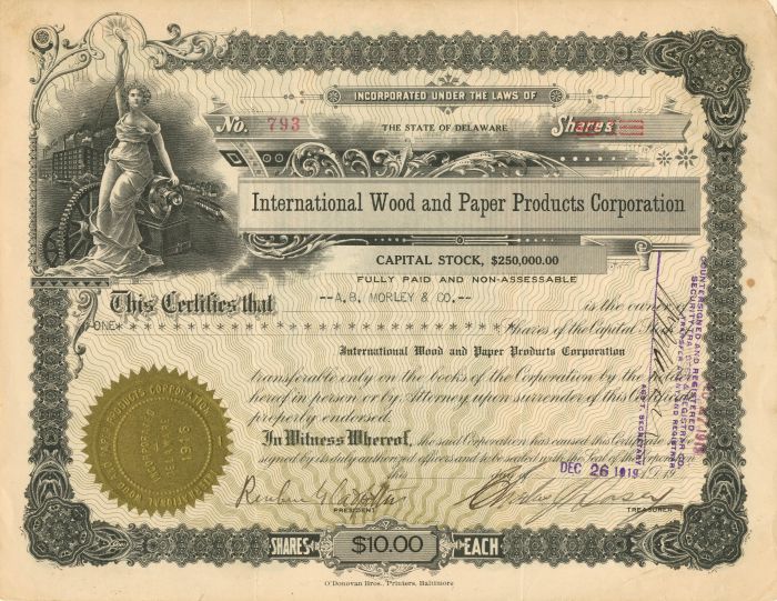 International Wood and Paper Products Corp. - Stock Certificate