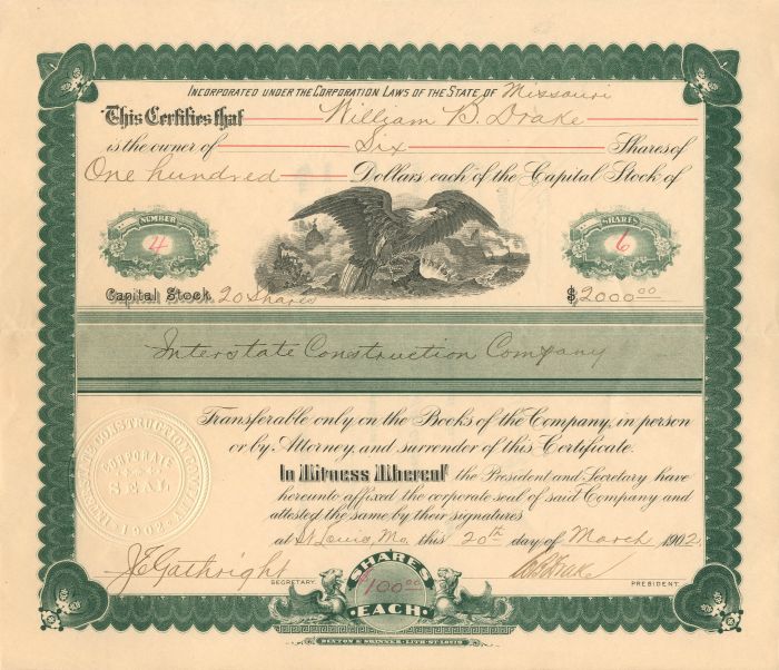Interstate Construction Co. - Stock Certificate