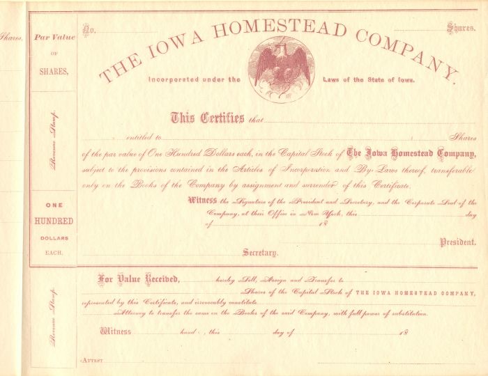 Iowa Homestead Co. - Stock Certificate