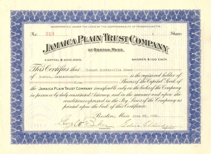 Jamaica Plain Trust Co. - Stock Certificate