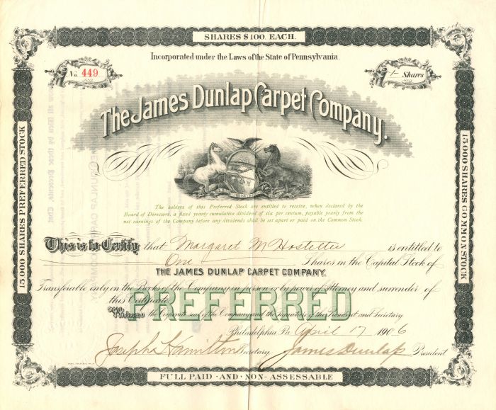 James Dunlap Carpet Co. - Stock Certificate