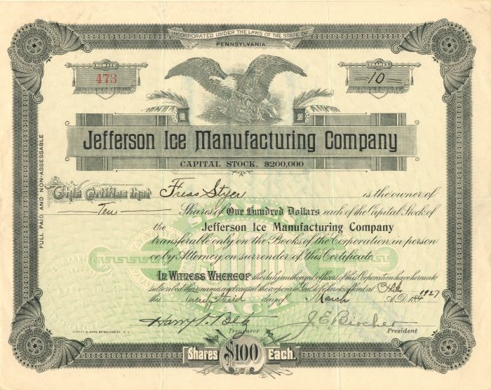 Jefferson Ice Manufacturing Co. - Stock Certificate