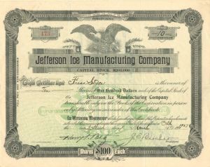 Jefferson Ice Manufacturing Co. - Stock Certificate