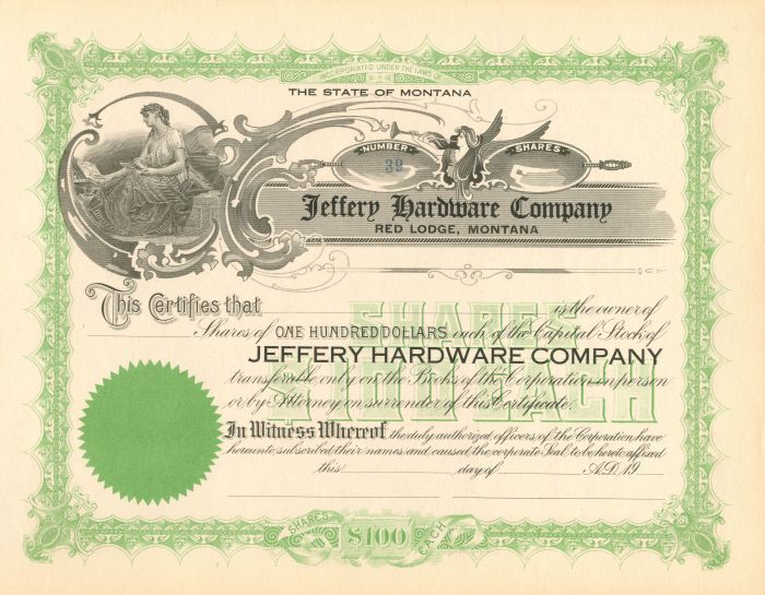 Jeffrey Hardware Co. - Red Lodge, Montana Stock Certificate