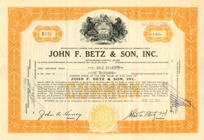 John F. Betz and Son, Inc. - Brewery Specimen Stock Certifcate
