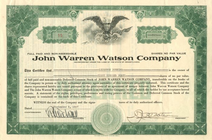 John Warren Watson Co. - Stock Certificate