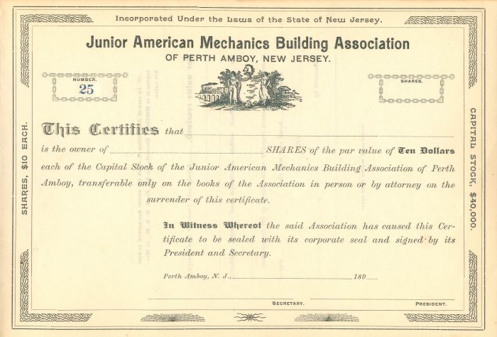 Junior American Mechanics Building Association - Stock Certificate