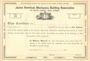 Junior American Mechanics Building Association - Stock Certificate