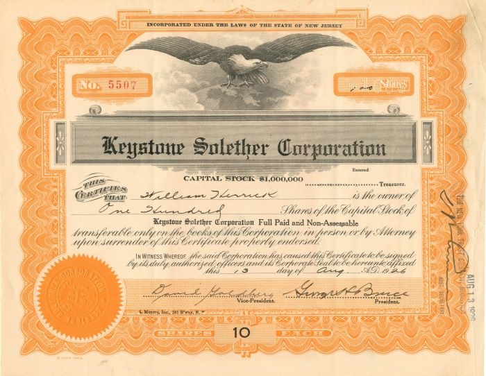 Keystone Solether Corporation - Stock Certificate