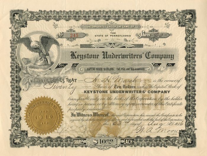 Keystone Underwriters' Co. - Stock Certificate