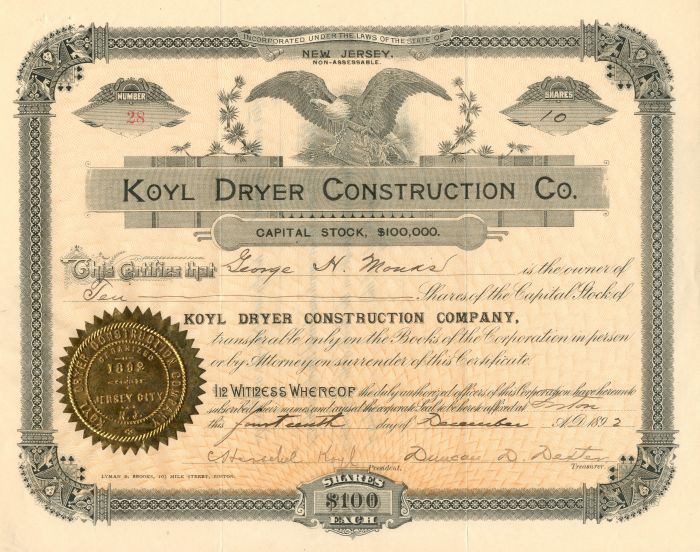 Koyl Dryer Construction Co. - Stock Certificate