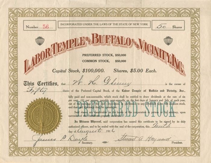 Labor Temple of Buffalo and Vicinity, Inc. - Stock Certificate