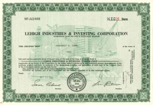 Lehigh Industries and Investing Corporation - Stock Certificate