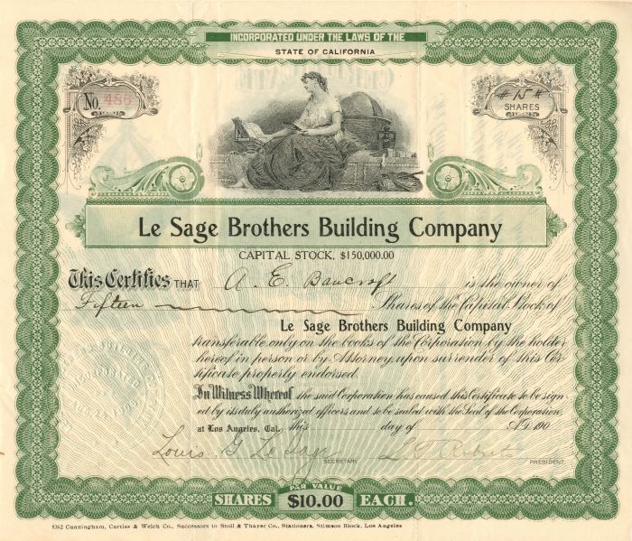 Le Sage Brothers Building Co. - Stock Certificate