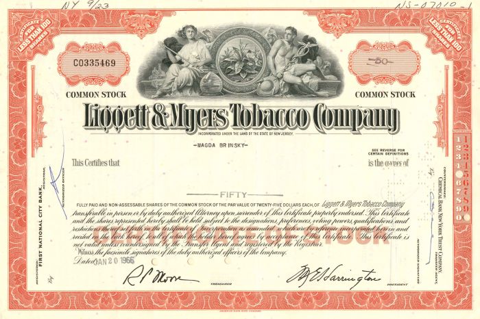 Liggett and Myers Tobacco Co. - Stock Certificate