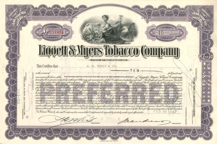 Liggett and Myers Tobacco Co. - 1946-51 dated Stock Certificate