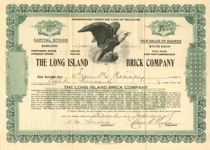 Long Island Brick Co. - Stock Certificate