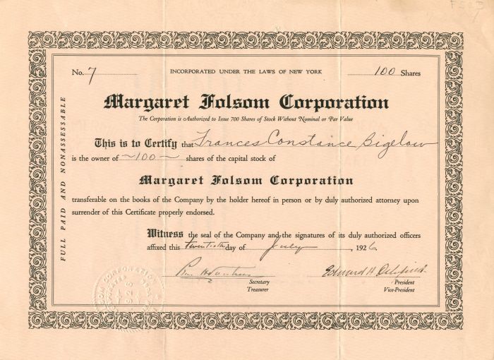 Margaret Folsom Corporation - Stock Certificate