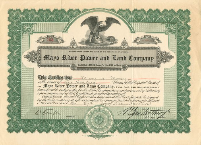 Mayo River Power and Land Co. - Stock Certificate