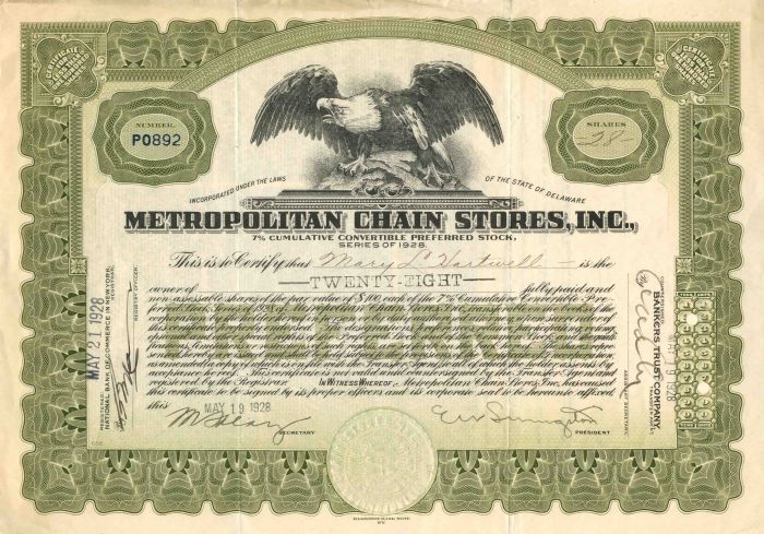 Metropolitan Chain Stores, Inc. - Stock Certificate