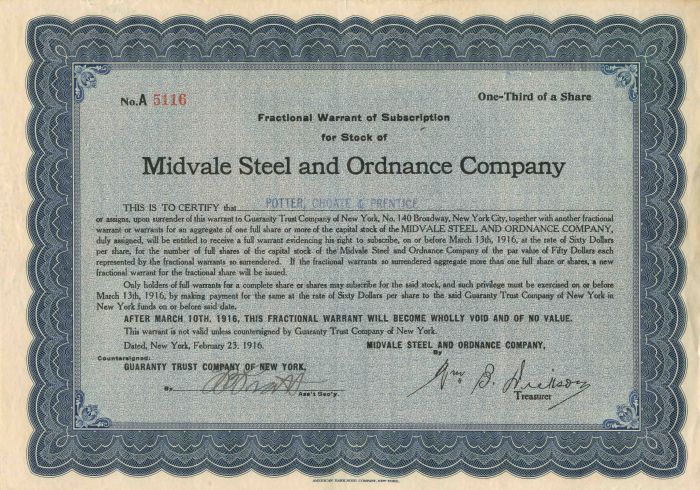 Midvale Steel and Ordnance Co. - Stock Certificate