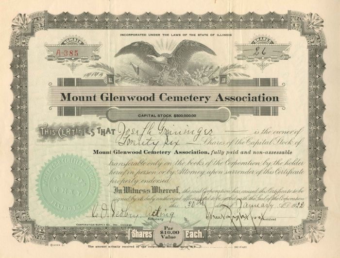 Mount Glenwood Cemetery Association - Stock Certificate