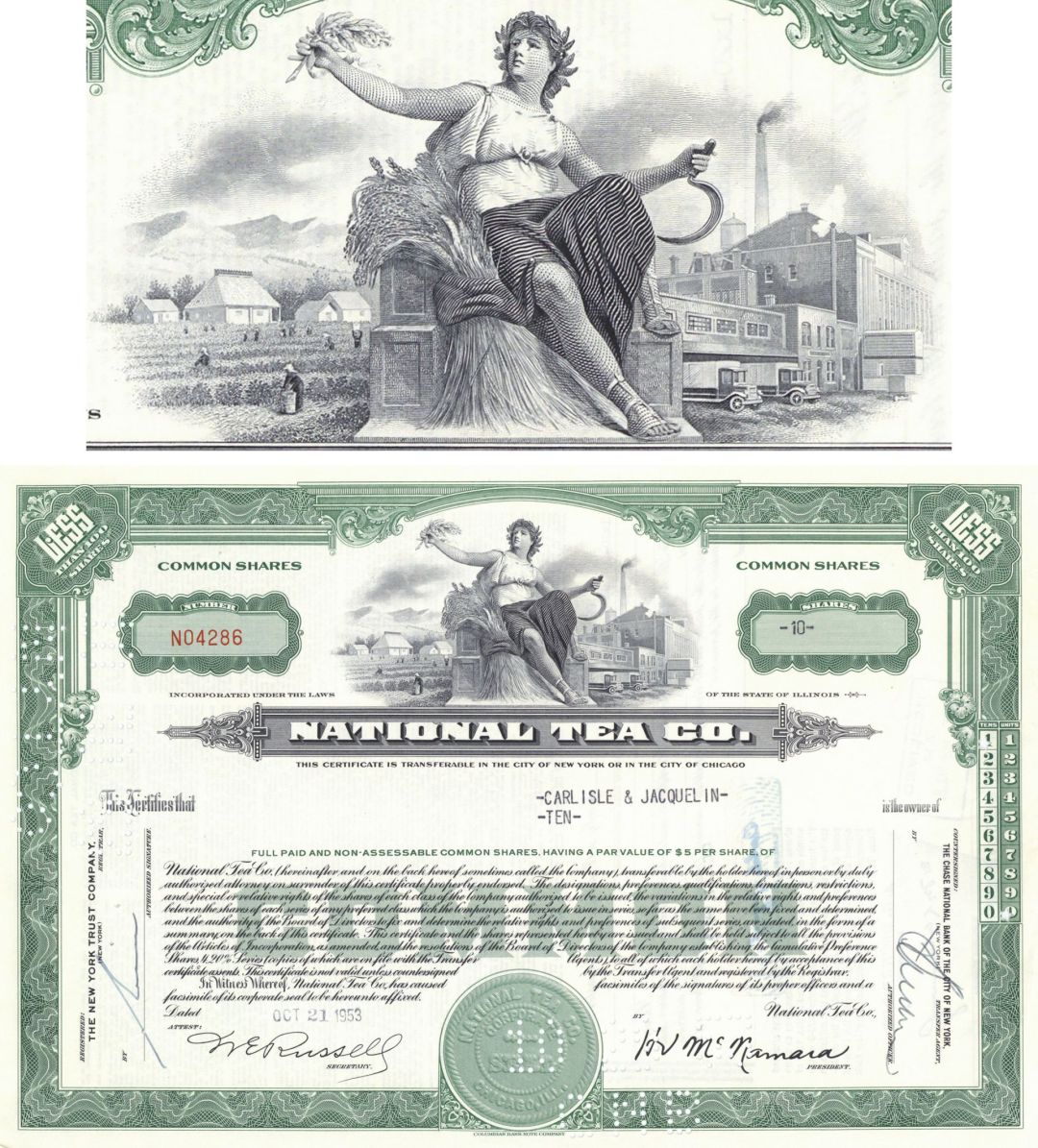 National Tea Co. - 1948-53 dated Stock Certificate - NATCO - Informally Known as National