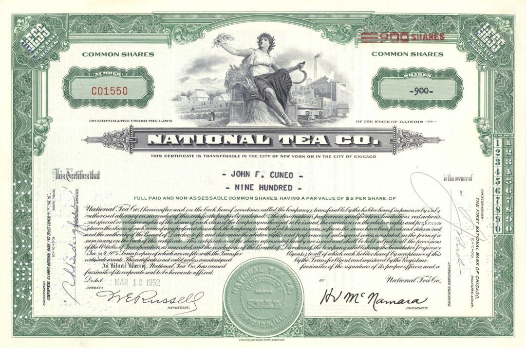 National Tea Co. - 1948-53 dated Stock Certificate - NATCO - Informally Known as National
