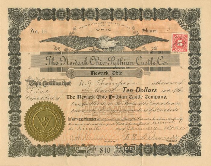 Newark Ohio Pythian Castle Co. - Stock Certificate